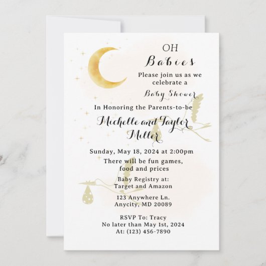 Oh Baby's Neutral Twins Baby shower Invitation Kaart (Voorkant)