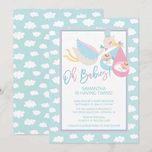 Oh baby's! Ooievaar tweeling Baby shower Invitatio Kaart (Voorkant / Achterkant)