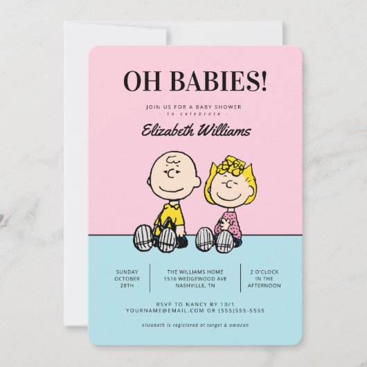 Oh baby's! Peanuts Twins Baby shower Invitation Kaart (Voorkant)