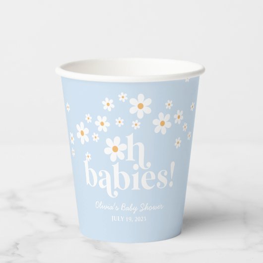 Oh Baby's! Retro Madeliefje blauwe baby shower pap Papieren Bekers (Voorkant)