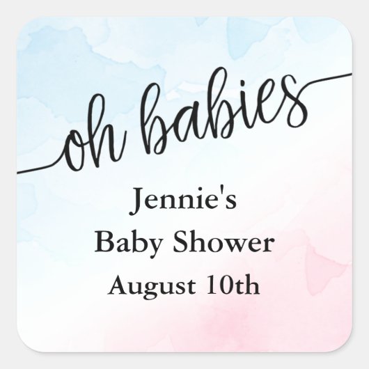 Oh Baby's Script Roze/Blauw Baby shower Favor Squa Vierkante Sticker (Voorkant)