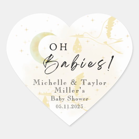 Oh baby's! Stickers: Charmante Stork Twins Neutral Hart Sticker (Voorkant)