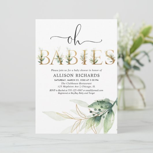 Oh baby's tweeling groen gouden groen baby shower kaart (Staand voorkant)