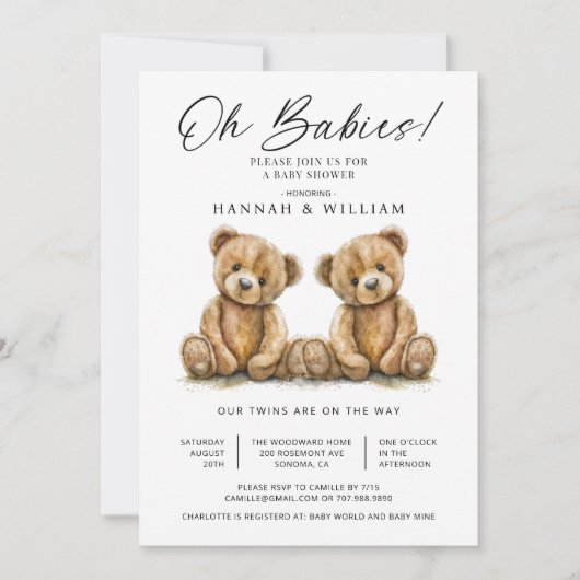 Oh baby's tweeling Waterverf Teddy Bears Baby show Kaart (Voorkant)
