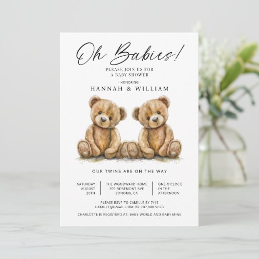 Oh baby's tweeling Waterverf Teddy Bears Baby show Kaart (Staand voorkant)