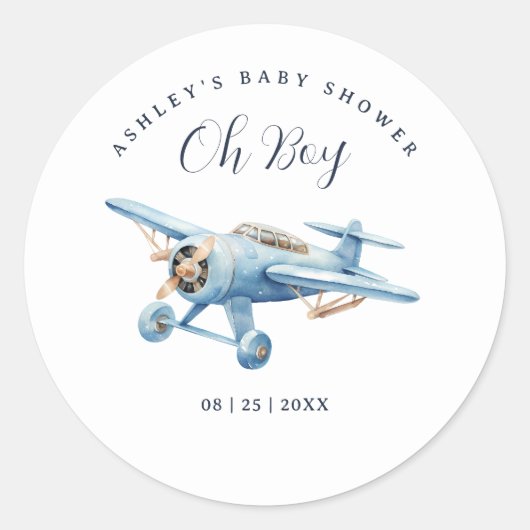 Oh Boy! Adventure Awaits Airplane Boy Baby Shower Ronde Sticker (Voorkant)