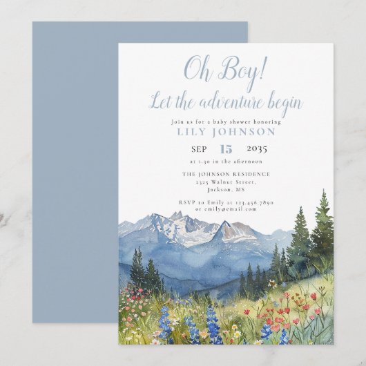 Oh Boy Adventure Begin Mountain Baby Shower Invita Kaart (Voorkant / Achterkant)