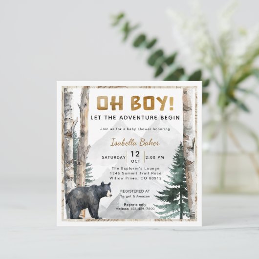 Oh Boy Adventure Begin | vierkant Beren Baby showe Kaart (Staand voorkant)