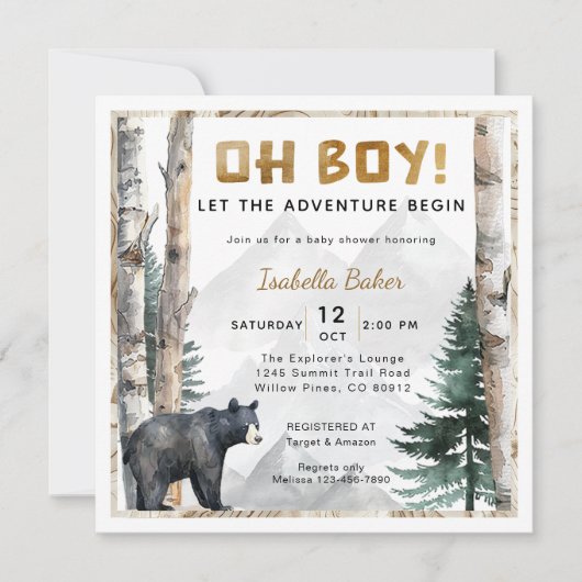 Oh Boy Adventure Begin | vierkant Beren Baby showe Kaart (Voorkant)