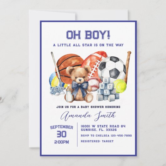 Oh Boy ALL STAR SPORT Baby shower Uitnodiging (Voorkant)