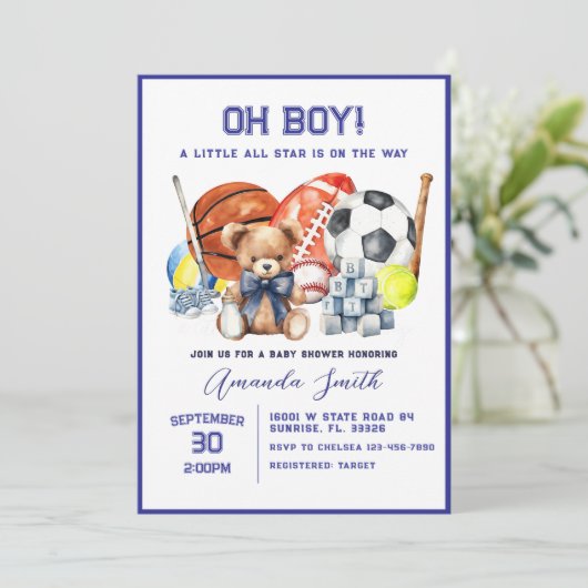 Oh Boy ALL STAR SPORT Baby shower Uitnodiging (Staand voorkant)