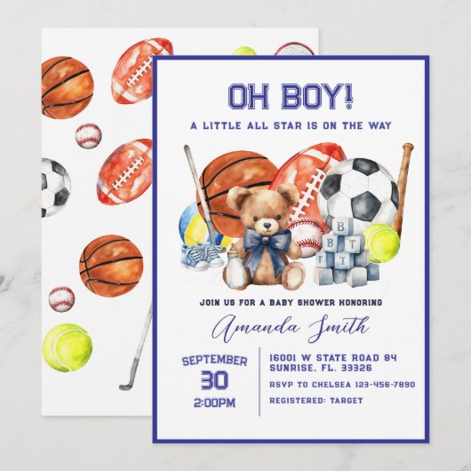 Oh Boy ALL STAR SPORT Baby shower Uitnodiging (Voorkant / Achterkant)