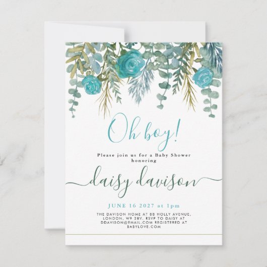 Oh Boy aquarel bloemige Baby shower Invitation (Voorkant)