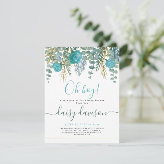 Oh Boy aquarel bloemige Baby shower Invitation (Staand voorkant)