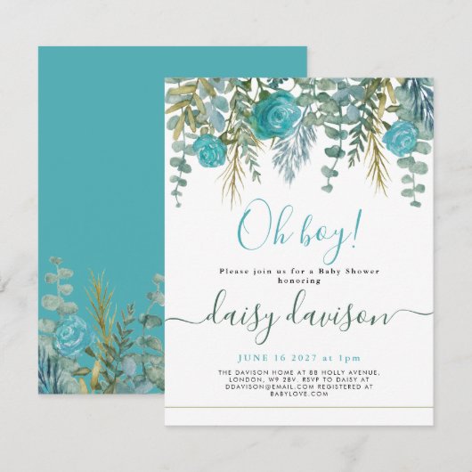 Oh Boy aquarel bloemige Baby shower Invitation (Voorkant / Achterkant)