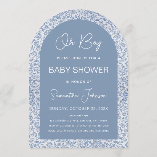 Oh Boy Arch Blue Floral Pattern Script Baby shower Kaart (Voorkant)