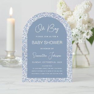 Oh Boy Arch Blue Floral Pattern Script Baby shower Kaart