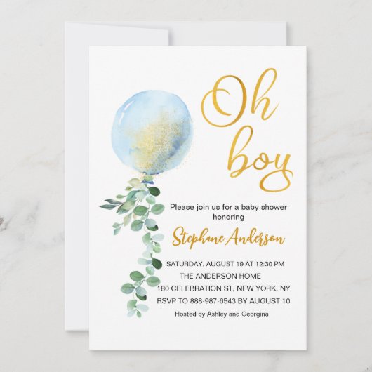 Oh Boy Baby Blauw Ballon Eucalyptus baby shower Kaart (Voorkant)