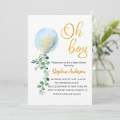Oh Boy Baby Blauw Ballon Eucalyptus baby shower Kaart (Staand voorkant)