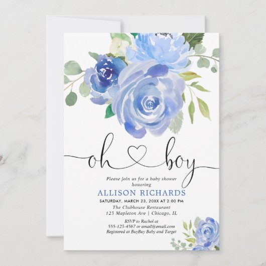 Oh Boy baby shower blauw bloemige waterverven Kaart (Voorkant)
