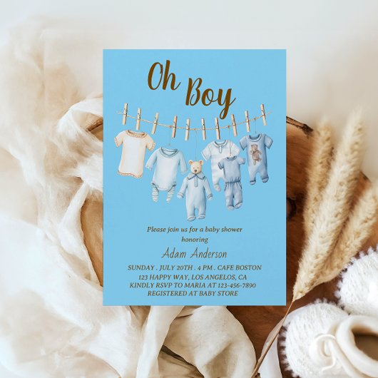 Oh Boy Baby shower | Blauwe waslijn thema Kaart