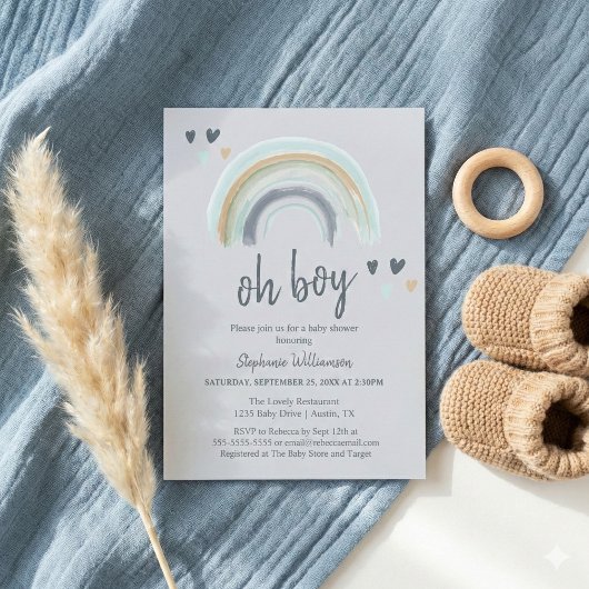 Oh Boy Baby shower Blue Boho Rainbow Kaart