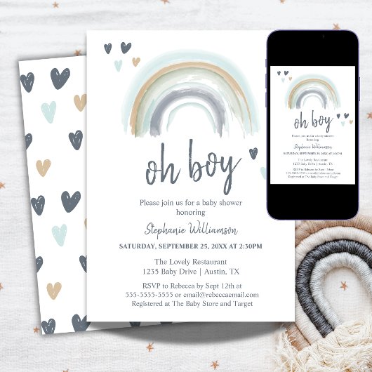 Oh Boy Baby shower Blue Boho Rainbow Kaart