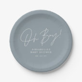 Oh Boy Baby shower Blue Script Modern Elegant Papieren Bordje (Voorkant)
