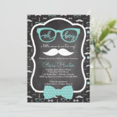 Oh Boy Baby shower Invitation, blauw, grijs Kaart (Staand voorkant)