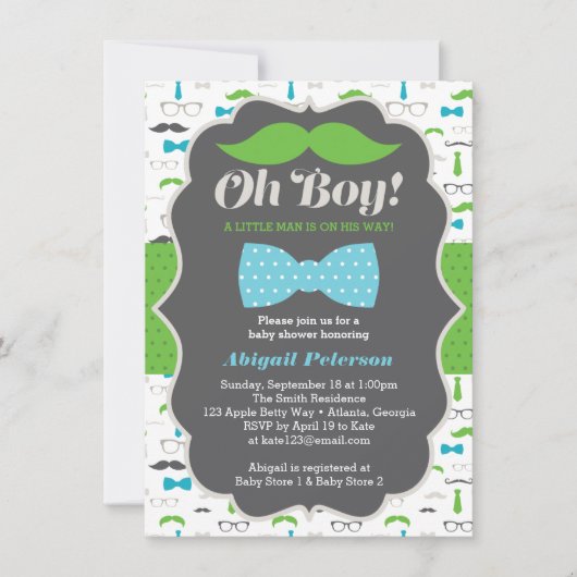Oh Boy Baby shower Invitation, blauw, groen Kaart (Voorkant)