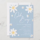 Oh Boy Baby shower Invitation Dusty Blue Daisy Kaart (Voorkant)