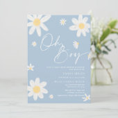 Oh Boy Baby shower Invitation Dusty Blue Daisy Kaart (Staand voorkant)