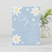 Oh Boy Baby shower Invitation Dusty Blue Daisy Kaart (Staand voorkant)