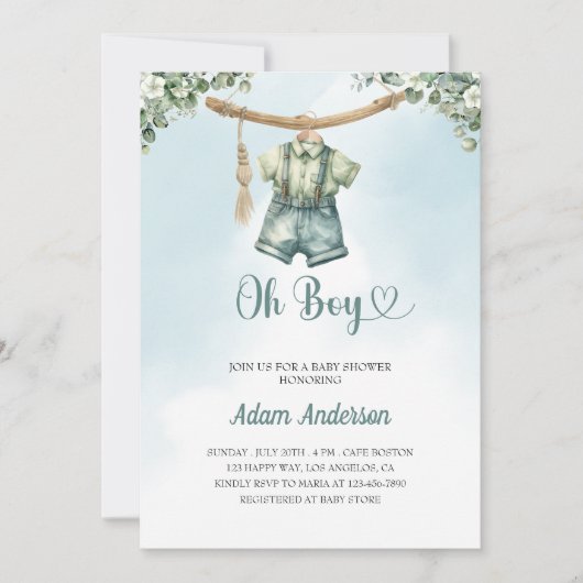 Oh Boy Baby shower Invite - Waterverf Boy Outfit Kaart (Voorkant)