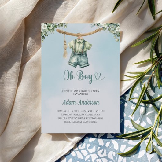 Oh Boy Baby shower Invite - Waterverf Boy Outfit Kaart