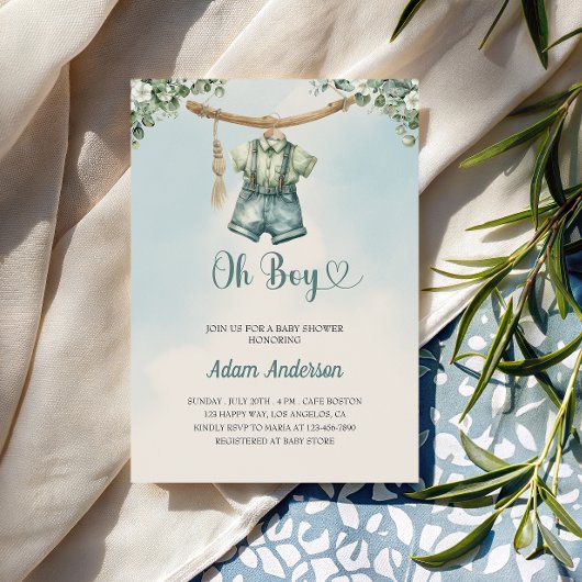 Oh Boy Baby shower Invite - Waterverf Boy Outfit Kaart