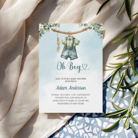 Oh Boy Baby shower Invite - Waterverf Boy Outfit Kaart