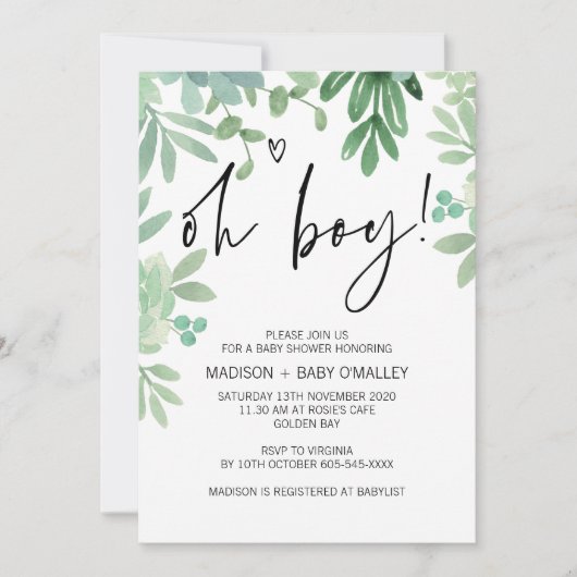 Oh Boy Baby shower Party Greenery Succulents Kaart (Voorkant)