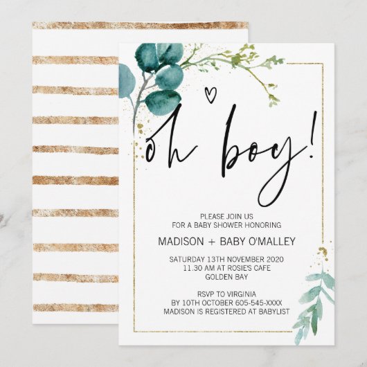 Oh Boy Baby shower Party Modern Gold Eucalyptus Kaart (Voorkant / Achterkant)