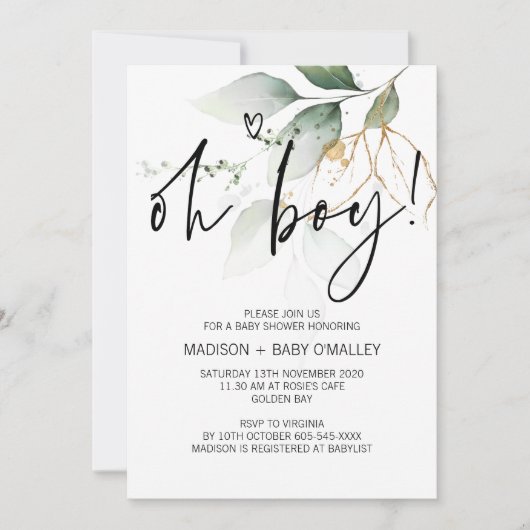 Oh Boy Baby shower Party Moderne Eucalyptus Kaart (Voorkant)