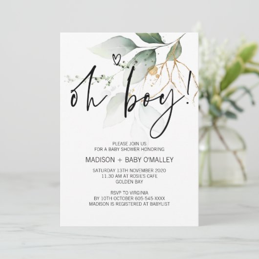 Oh Boy Baby shower Party Moderne Eucalyptus Kaart (Staand voorkant)