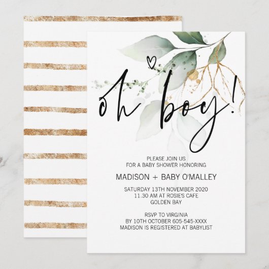 Oh Boy Baby shower Party Moderne Eucalyptus Kaart (Voorkant / Achterkant)
