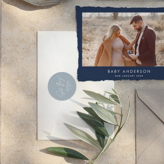 Oh Boy Baby shower Script Blauw Elegant Ronde Sticker