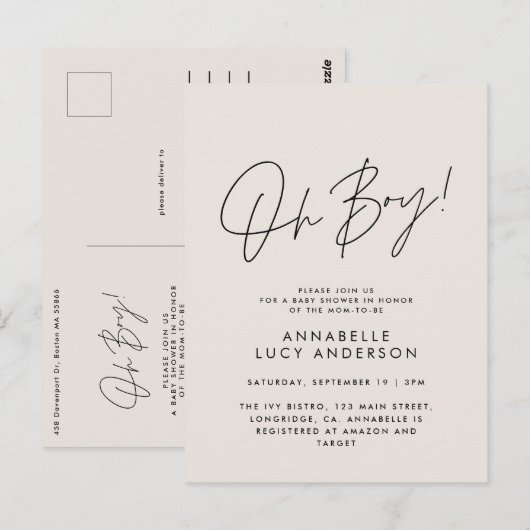 Oh Boy Baby shower Script Cream Elegant Briefkaart (Voorkant / Achterkant)