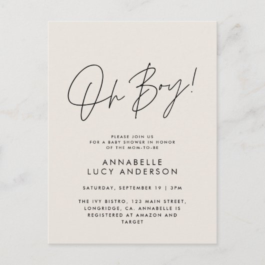 Oh Boy Baby shower Script Cream Elegant Briefkaart (Voorkant)