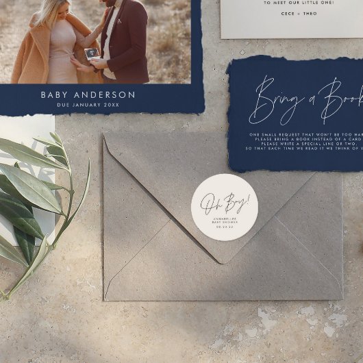 Oh Boy Baby shower Script Cream Neutraal Elegant Ronde Sticker