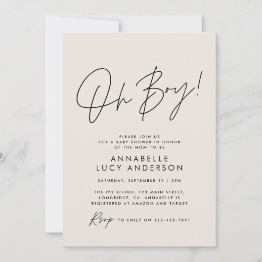 oh Boy baby shower script crème neutraal elegant Kaart (Voorkant)