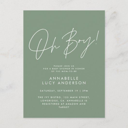 Oh Boy Baby shower Script Groen Elegant Briefkaart (Voorkant)