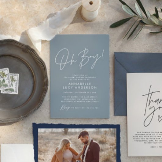 oh Boy baby shower script modern baby blauw elegan Kaart