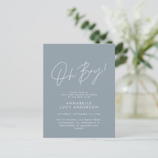 Oh Boy Baby shower Script Modern Blauw Elegant Briefkaart (Staand voorkant)